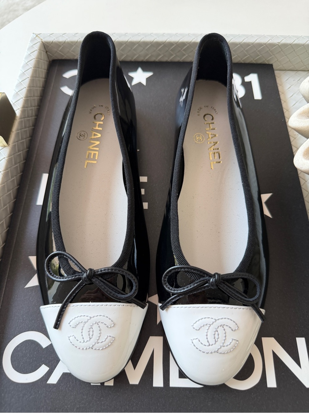Chanel 26 Black Patent Leather White Cap Toe CC Logo Ballet Ballerina Flats